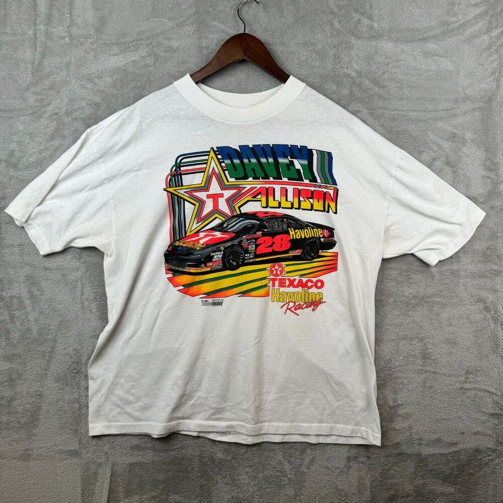 Vintage 1990s Davey Allison White Nascar Racing Texaco Havoline T Shirt Size XL
